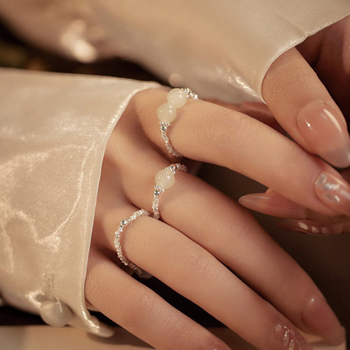 Anillo elástico de la suerte con cuentas pequeñas de jade hetiano natural de plata de ley 925 con Buddha Stones - image 11