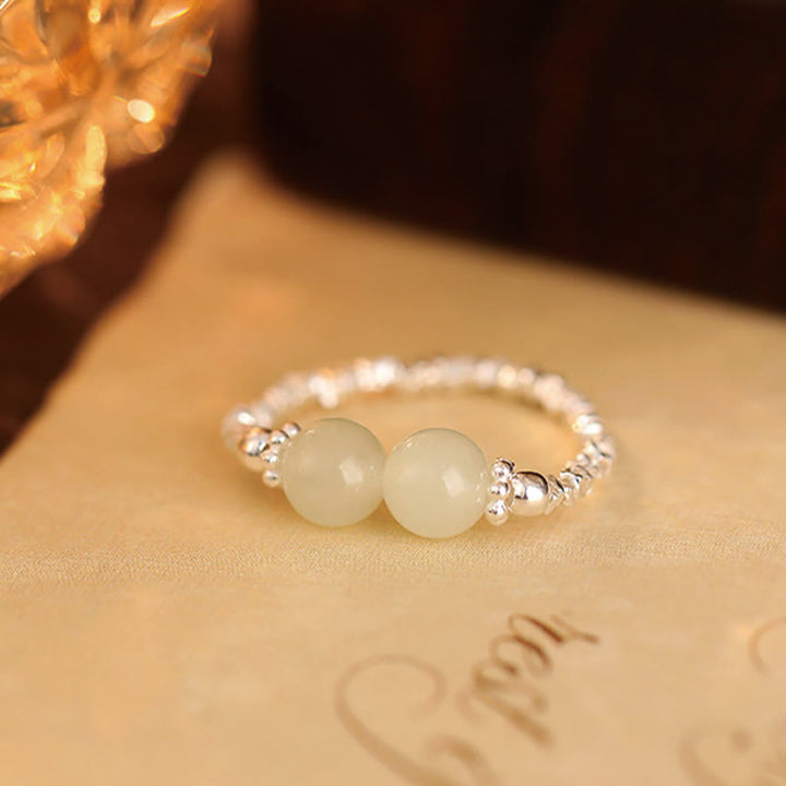 Anillo elástico de la suerte con cuentas pequeñas de jade hetiano natural de plata de ley 925 con Buddha Stones - image 9