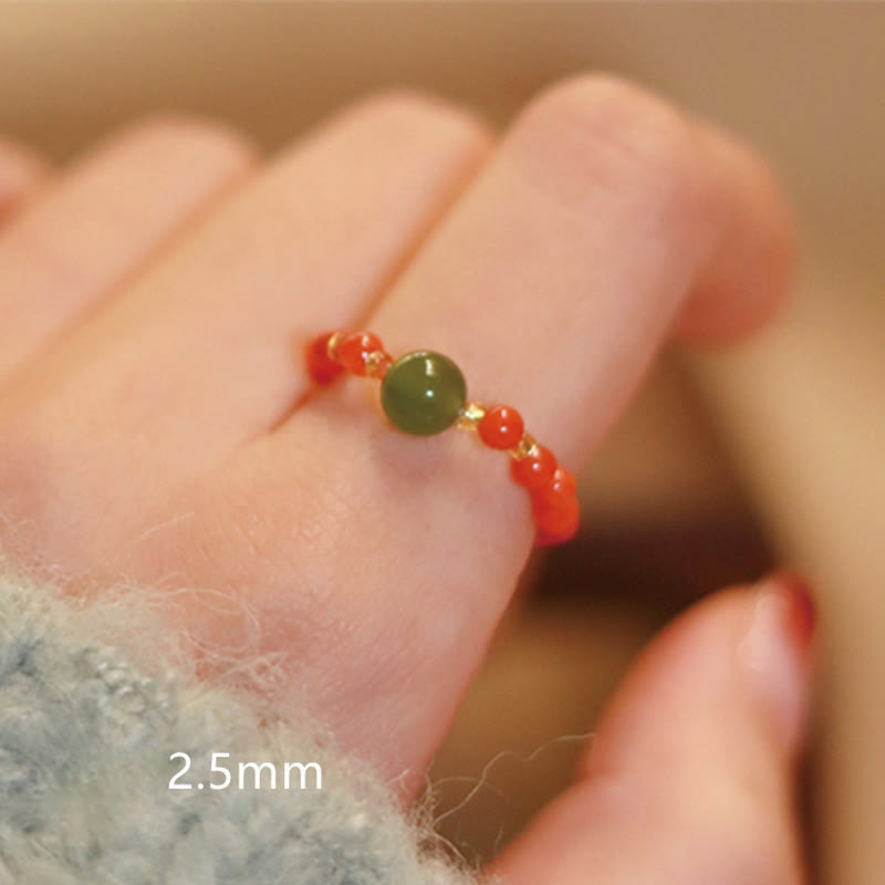 Anillo elástico de prosperidad con cuentas de ágata roja y jade hetiano pequeño natural en plata de ley 925 con Buddha Stones - Ágata roja (cuerda elástica) - image 6