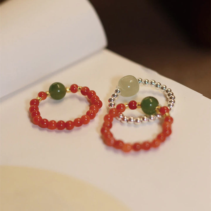 Anillo elástico de prosperidad con cuentas de ágata roja y jade hetiano pequeño natural en plata de ley 925 con Buddha Stones - image 11