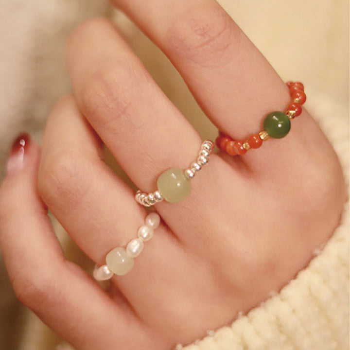 Anillo elástico de prosperidad con cuentas de ágata roja y jade hetiano pequeño natural en plata de ley 925 con Buddha Stones - image 12