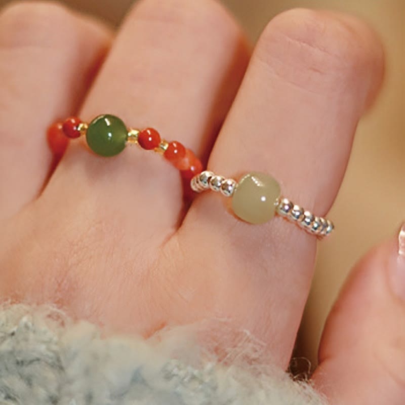 Anillo elástico de prosperidad con cuentas de ágata roja y jade hetiano pequeño natural en plata de ley 925 con Buddha Stones - image 14
