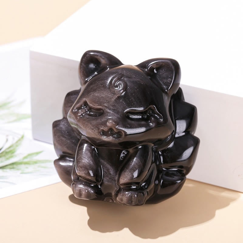 Buddha Stones con brillo plateado natural, obsidiana, zorro de nueve colas, protección, decoración del hogar - image 1