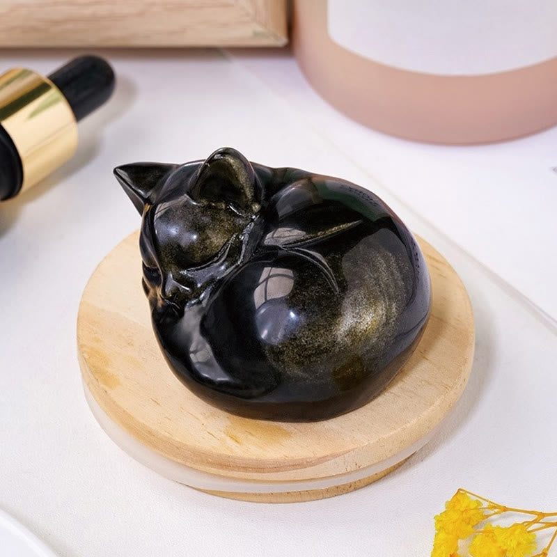 Estatua de gato dormido de obsidiana con brillo dorado natural de Buddha Stones, decoración del hogar - image 3