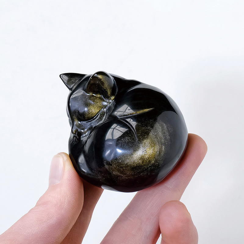 Estatua de gato dormido de obsidiana con brillo dorado natural de Buddha Stones, decoración del hogar - image 4
