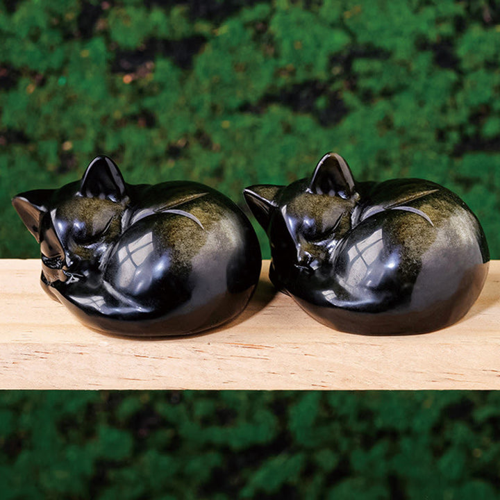 Estatua de gato dormido de obsidiana con brillo dorado natural de Buddha Stones, decoración del hogar - image 1