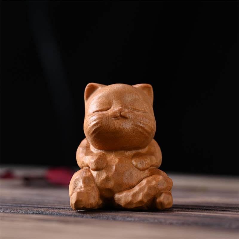 Mini gato sentado con Buddha Stones, sándalo, protección, decoración del hogar - Gato de sándalo dorado 5,3 x 4,8 x 4,3 cm - image 1