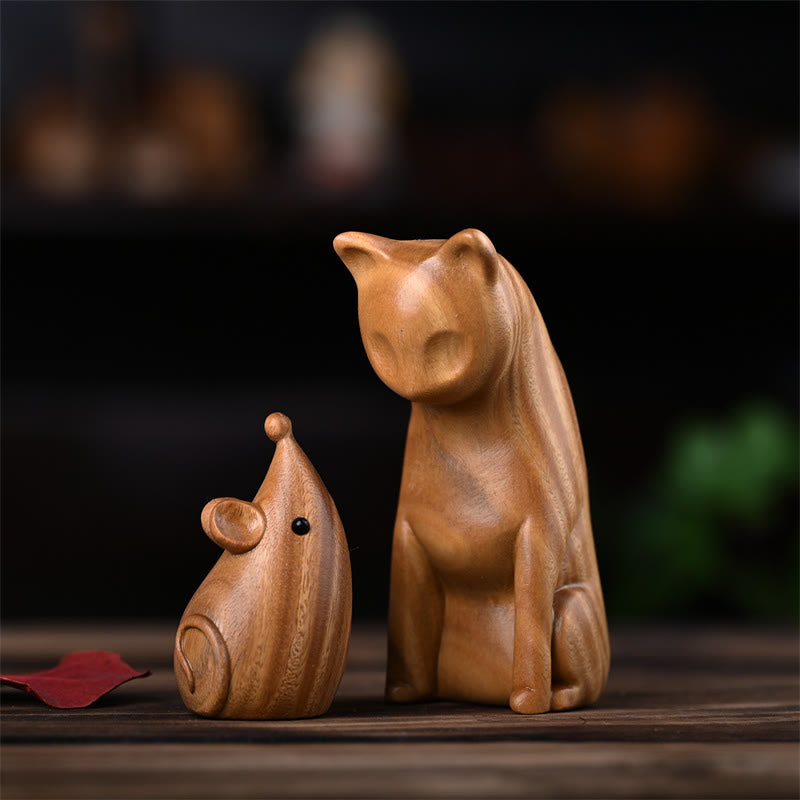 Buddha Stones, Gato Pequeño, Ratón, Sándalo Verde, Palosanto Rojo Africano, Paz, Decoración del Hogar - Gato y ratón de sándalo verde 9*4*4 cm - image 0