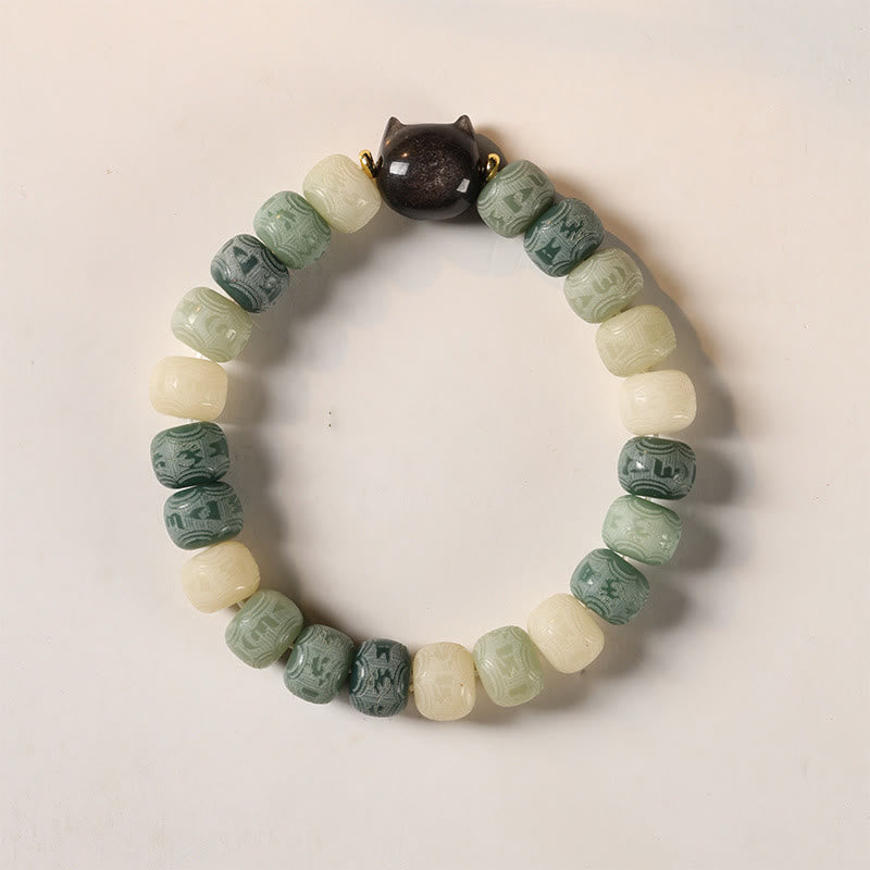 Pulsera de sabiduría con cabeza de gato de obsidiana tallada en plata con Buddha Stones, semillas de Bodhi y Om Mani Padme Hum - Semilla de Bodhi verde de 8 x 10 mm (circunferencia de la muñeca: 14-16 cm) - image 10