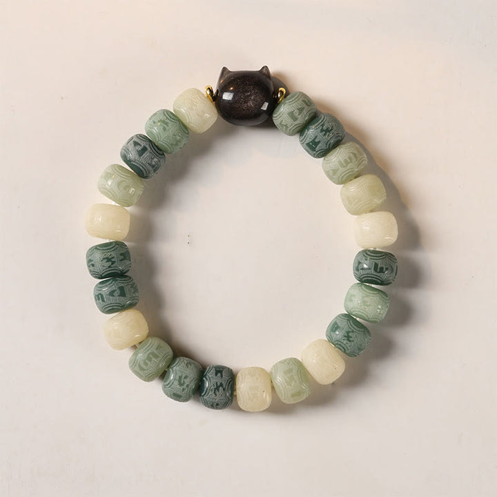 Pulsera de sabiduría con cabeza de gato de obsidiana tallada en plata con Buddha Stones, semillas de Bodhi y Om Mani Padme Hum - Semilla de Bodhi verde de 8 x 10 mm (circunferencia de la muñeca: 14-16 cm) - image 10