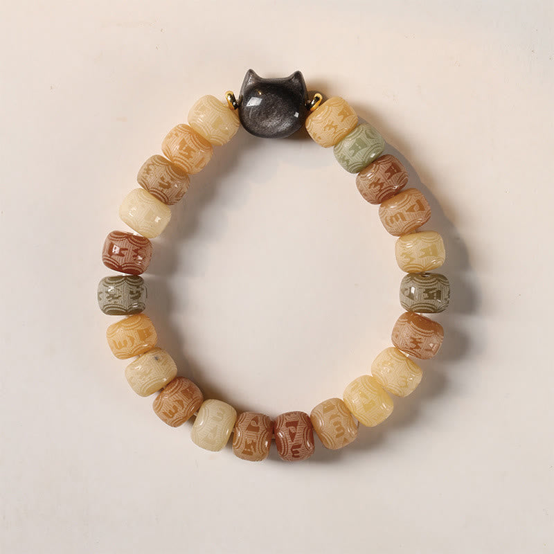 Pulsera de sabiduría con cabeza de gato de obsidiana tallada en plata con Buddha Stones, semillas de Bodhi y Om Mani Padme Hum - image 2