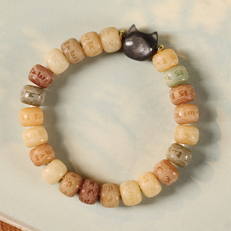 Pulsera de sabiduría con cabeza de gato de obsidiana tallada en plata con Buddha Stones, semillas de Bodhi y Om Mani Padme Hum - image 3