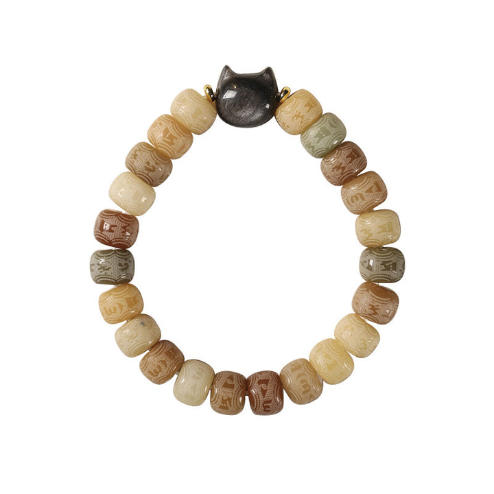 Pulsera de sabiduría con cabeza de gato de obsidiana tallada en plata con Buddha Stones, semillas de Bodhi y Om Mani Padme Hum - image 7