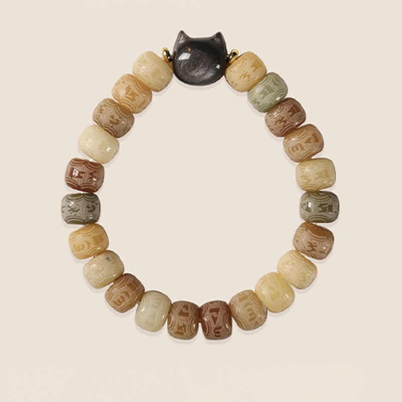 Pulsera de sabiduría con cabeza de gato de obsidiana tallada en plata con Buddha Stones, semillas de Bodhi y Om Mani Padme Hum - image 4