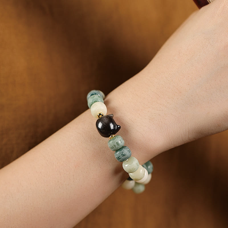 Pulsera de sabiduría con cabeza de gato de obsidiana tallada en plata con Buddha Stones, semillas de Bodhi y Om Mani Padme Hum - image 14