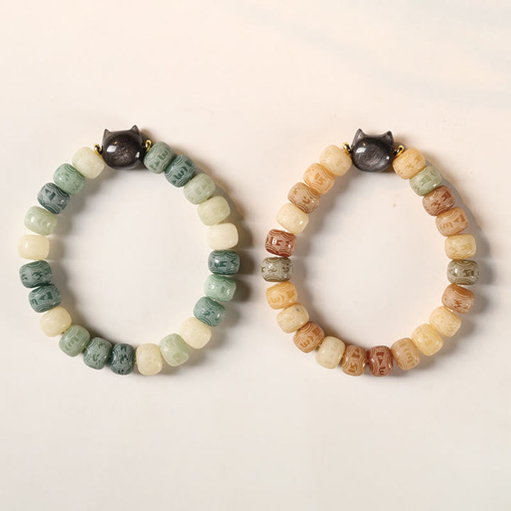Pulsera de sabiduría con cabeza de gato de obsidiana tallada en plata con Buddha Stones, semillas de Bodhi y Om Mani Padme Hum - image 17