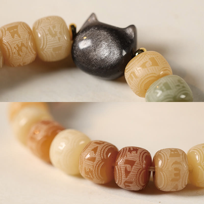 Pulsera de sabiduría con cabeza de gato de obsidiana tallada en plata con Buddha Stones, semillas de Bodhi y Om Mani Padme Hum - image 6