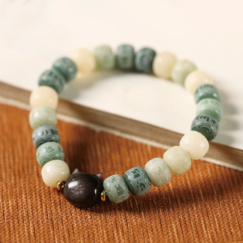 Pulsera de sabiduría con cabeza de gato de obsidiana tallada en plata con Buddha Stones, semillas de Bodhi y Om Mani Padme Hum - image 11