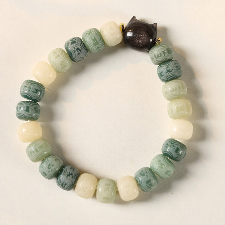 Pulsera de sabiduría con cabeza de gato de obsidiana tallada en plata con Buddha Stones, semillas de Bodhi y Om Mani Padme Hum - image 13