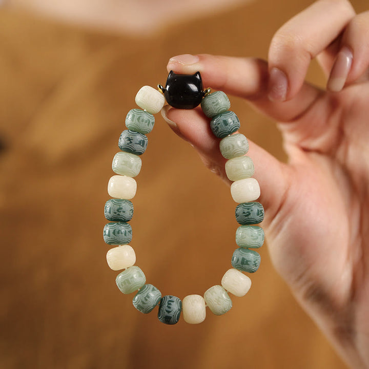 Pulsera de sabiduría con cabeza de gato de obsidiana tallada en plata con Buddha Stones, semillas de Bodhi y Om Mani Padme Hum - image 12
