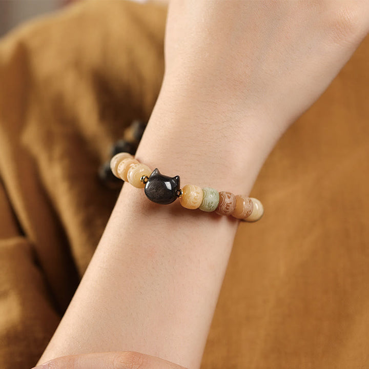 Pulsera de sabiduría con cabeza de gato de obsidiana tallada en plata con Buddha Stones, semillas de Bodhi y Om Mani Padme Hum - image 5