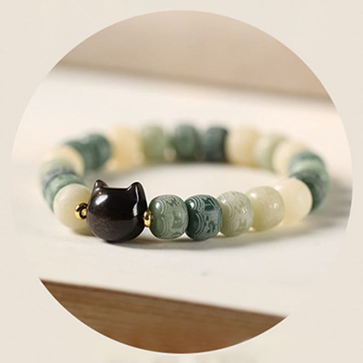 Pulsera de sabiduría con cabeza de gato de obsidiana tallada en plata con Buddha Stones, semillas de Bodhi y Om Mani Padme Hum - image 16