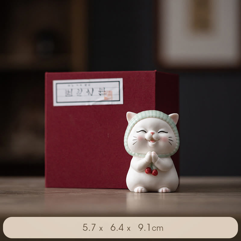 Figura decorativa de cerámica con forma de gato de la suerte y bufanda de Buddha Stones - Gato (Caja de regalo) - image 20
