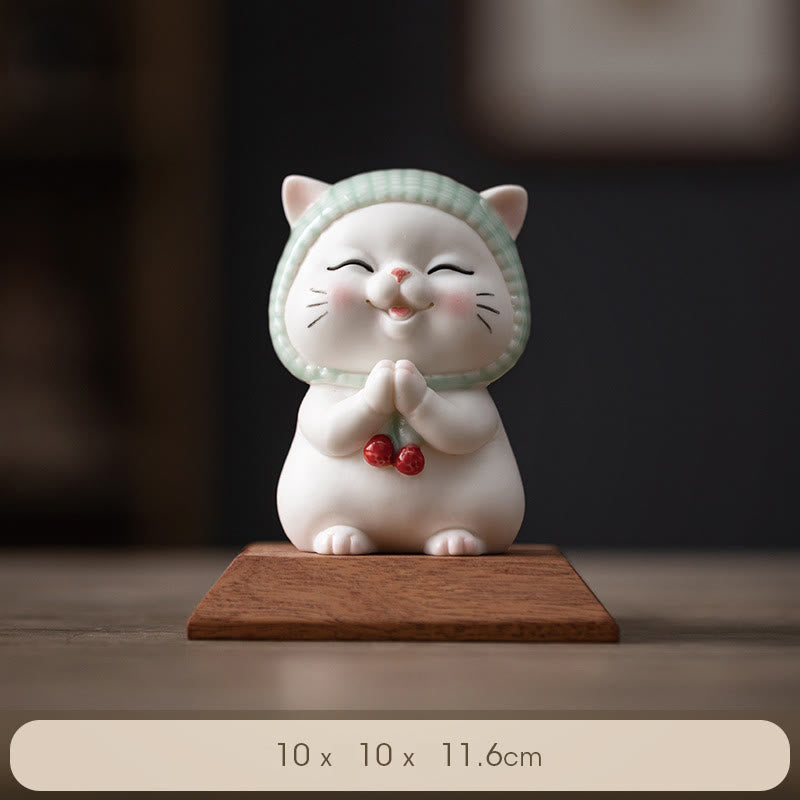 Figura decorativa de cerámica con forma de gato de la suerte y bufanda de Buddha Stones - Gato + base de madera 10*10*11,6 cm - image 13