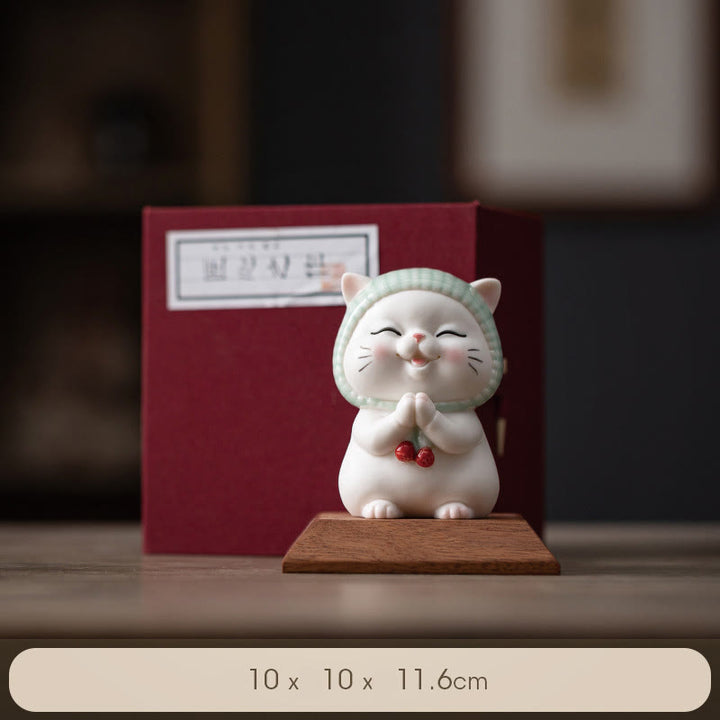 Figura decorativa de cerámica con forma de gato de la suerte y bufanda de Buddha Stones - Gato + base de madera (caja de regalo) - image 22