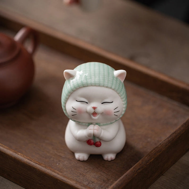 Figura decorativa de cerámica con forma de gato de la suerte y bufanda de Buddha Stones - image 2