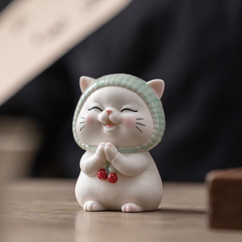 Figura decorativa de cerámica con forma de gato de la suerte y bufanda de Buddha Stones - image 2