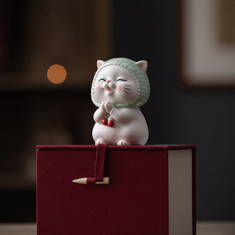 Figura decorativa de cerámica con forma de gato de la suerte y bufanda de Buddha Stones - image 21