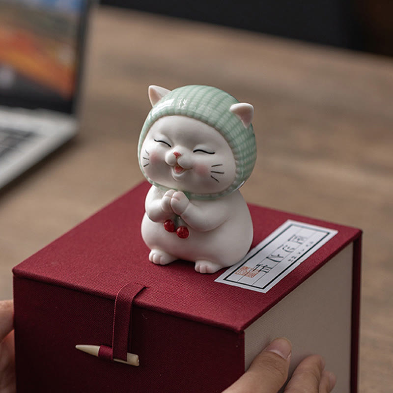 Figura decorativa de cerámica con forma de gato de la suerte y bufanda de Buddha Stones - image 21