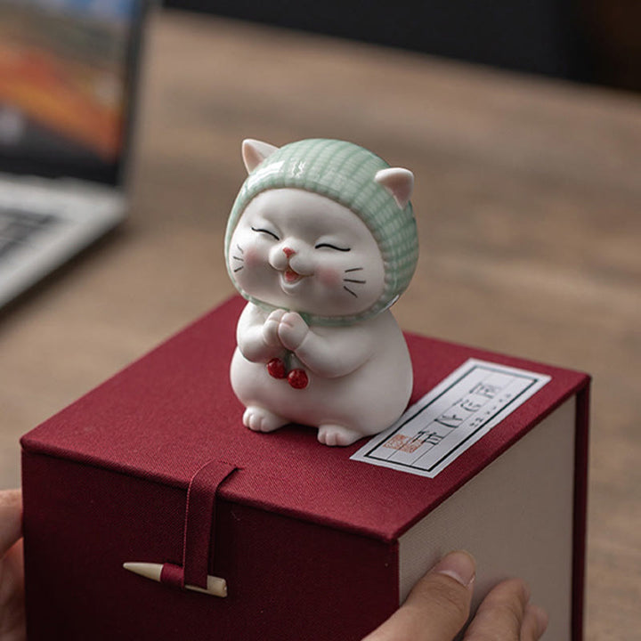 Figura decorativa de cerámica con forma de gato de la suerte y bufanda de Buddha Stones - image 21