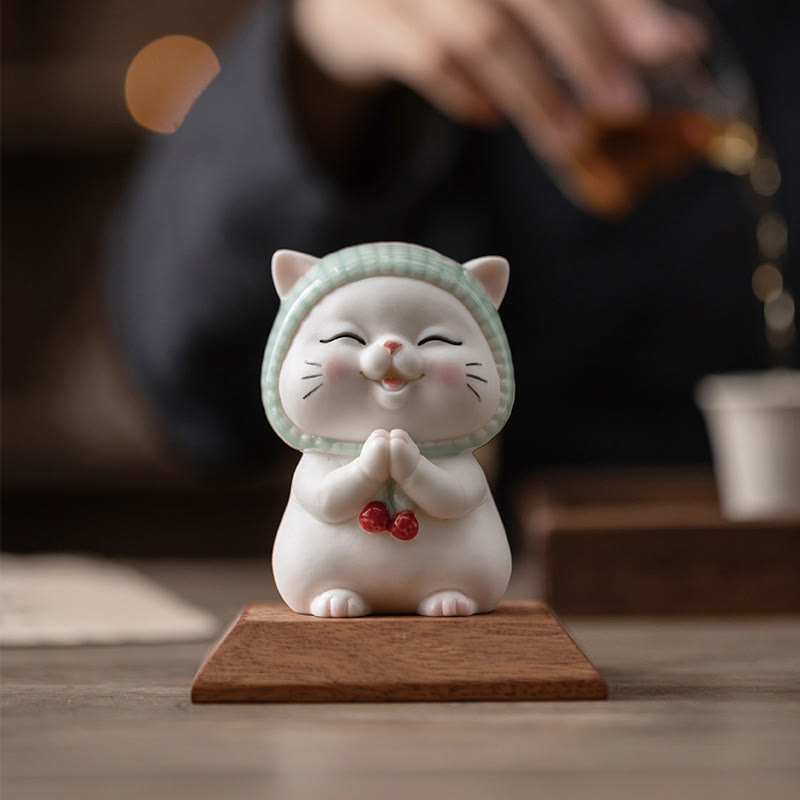 Figura decorativa de cerámica con forma de gato de la suerte y bufanda de Buddha Stones - image 15