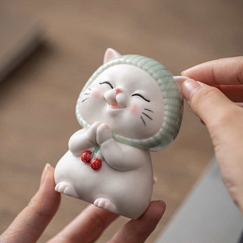 Figura decorativa de cerámica con forma de gato de la suerte y bufanda de Buddha Stones - image 4