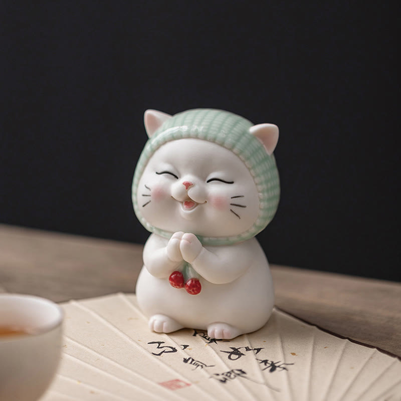 Figura decorativa de cerámica con forma de gato de la suerte y bufanda de Buddha Stones - image 8