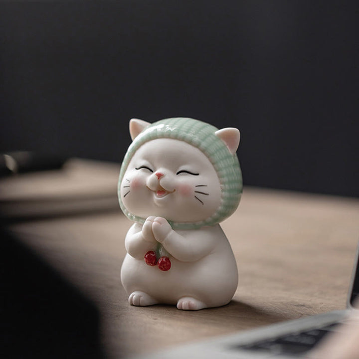 Figura decorativa de cerámica con forma de gato de la suerte y bufanda de Buddha Stones - image 8