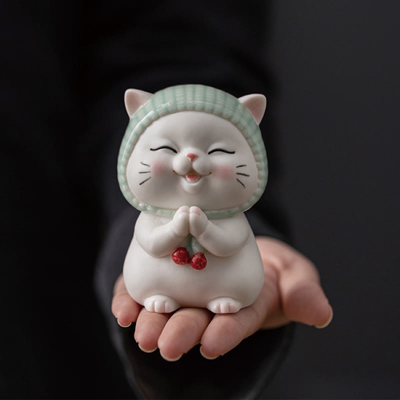 Figura decorativa de cerámica con forma de gato de la suerte y bufanda de Buddha Stones - Gato 5,7*6,4*9,1 cm - image 0