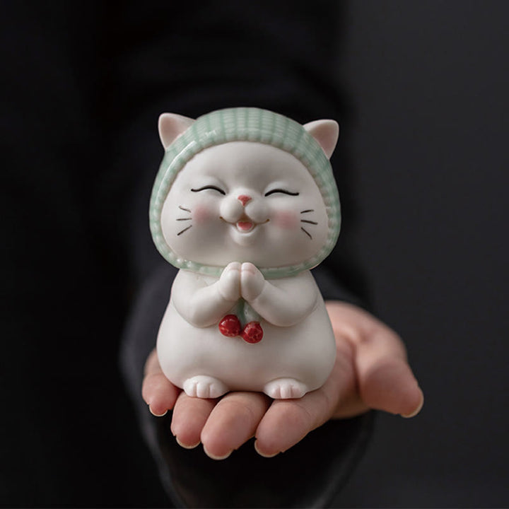 Figura decorativa de cerámica con forma de gato de la suerte y bufanda de Buddha Stones - Gato 5,7*6,4*9,1 cm - image 0