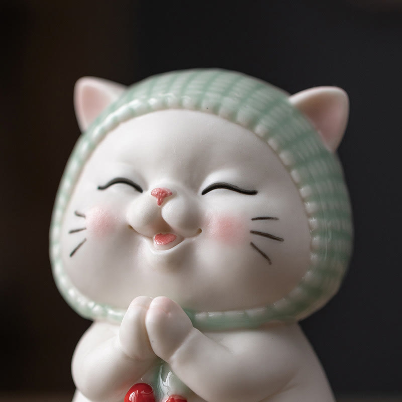 Figura decorativa de cerámica con forma de gato de la suerte y bufanda de Buddha Stones - image 11