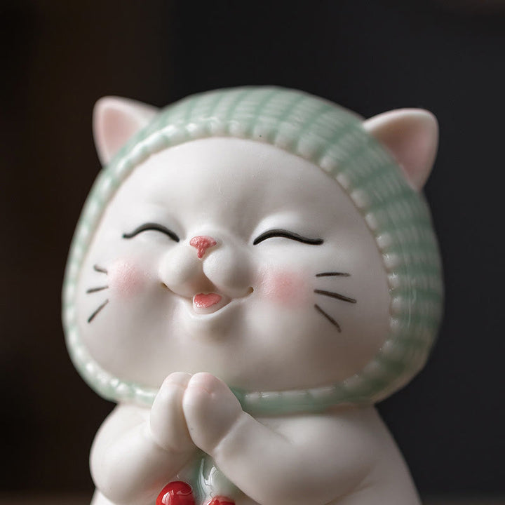 Figura decorativa de cerámica con forma de gato de la suerte y bufanda de Buddha Stones - image 11