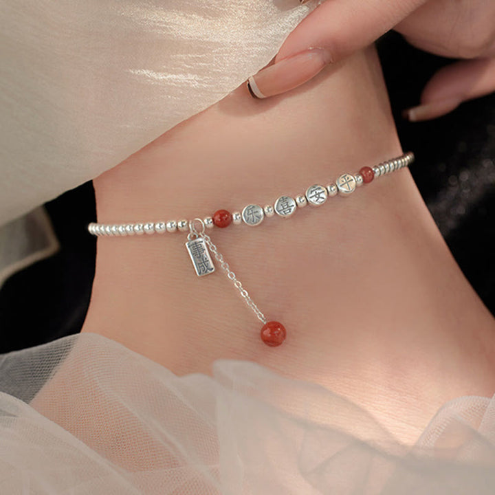 Tobillera con Buddha Stones en plata de ley 925, cuentas pequeñas de ágata roja, bendición de paz y alegría - image 4
