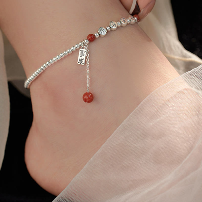 Tobillera con Buddha Stones en plata de ley 925, cuentas pequeñas de ágata roja, bendición de paz y alegría - image 6