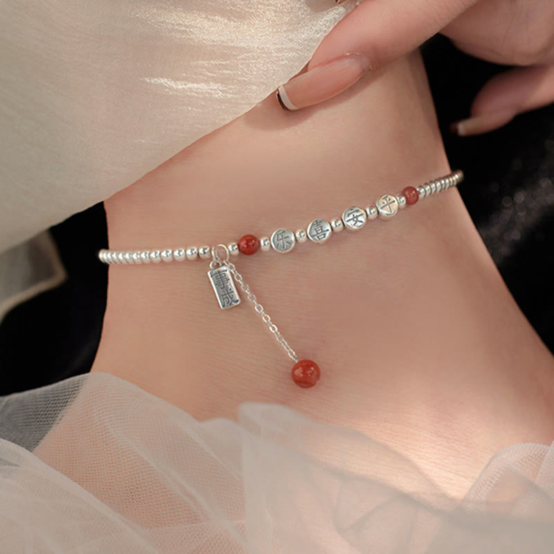 Tobillera con Buddha Stones en plata de ley 925, cuentas pequeñas de ágata roja, bendición de paz y alegría - image 4