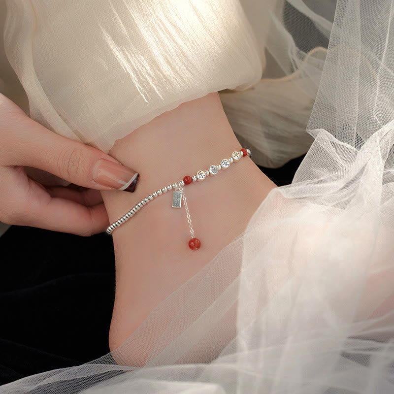 Tobillera con Buddha Stones en plata de ley 925, cuentas pequeñas de ágata roja, bendición de paz y alegría - image 8