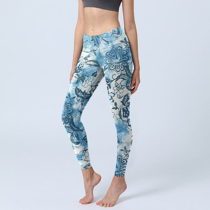 Leggings de yoga para mujer con estampado de crisantemo y peonía de Buddha Stones - DodgerBlue - US18，UK/AU22，EU50 (4XL) - image 0