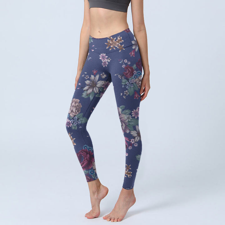 Leggings de yoga para mujer con estampado de crisantemo, peonías y rosas rojas de Buddha Stones - Azul pizarra - US18，UK/AU22，EU50 (4XL) - image 0