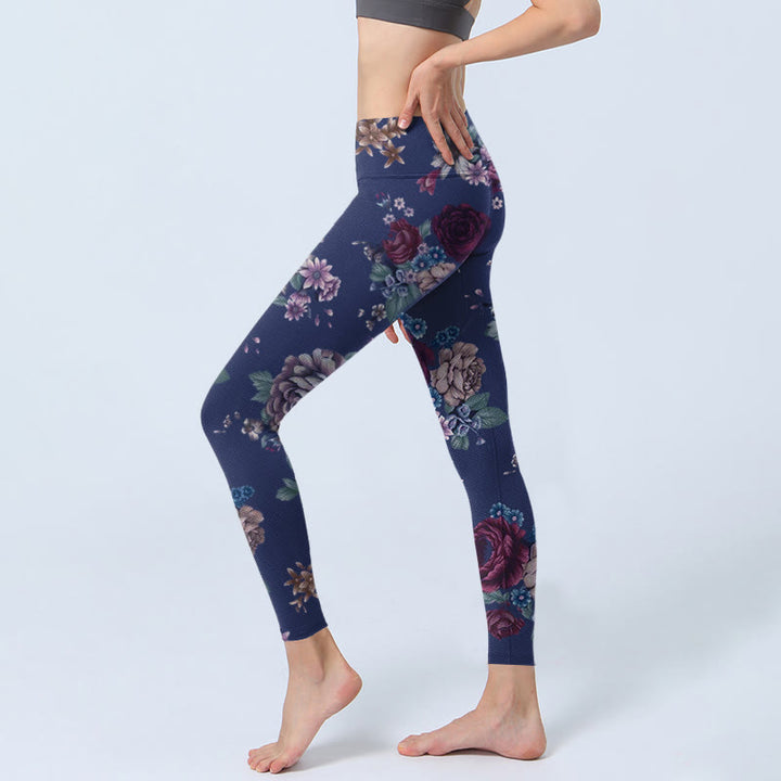 Leggings de yoga para mujer con estampado de crisantemo, peonías y rosas rojas de Buddha Stones - image 2