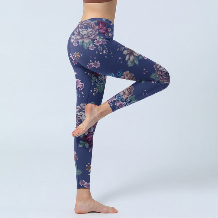 Leggings de yoga para mujer con estampado de crisantemo, peonías y rosas rojas de Buddha Stones - image 5